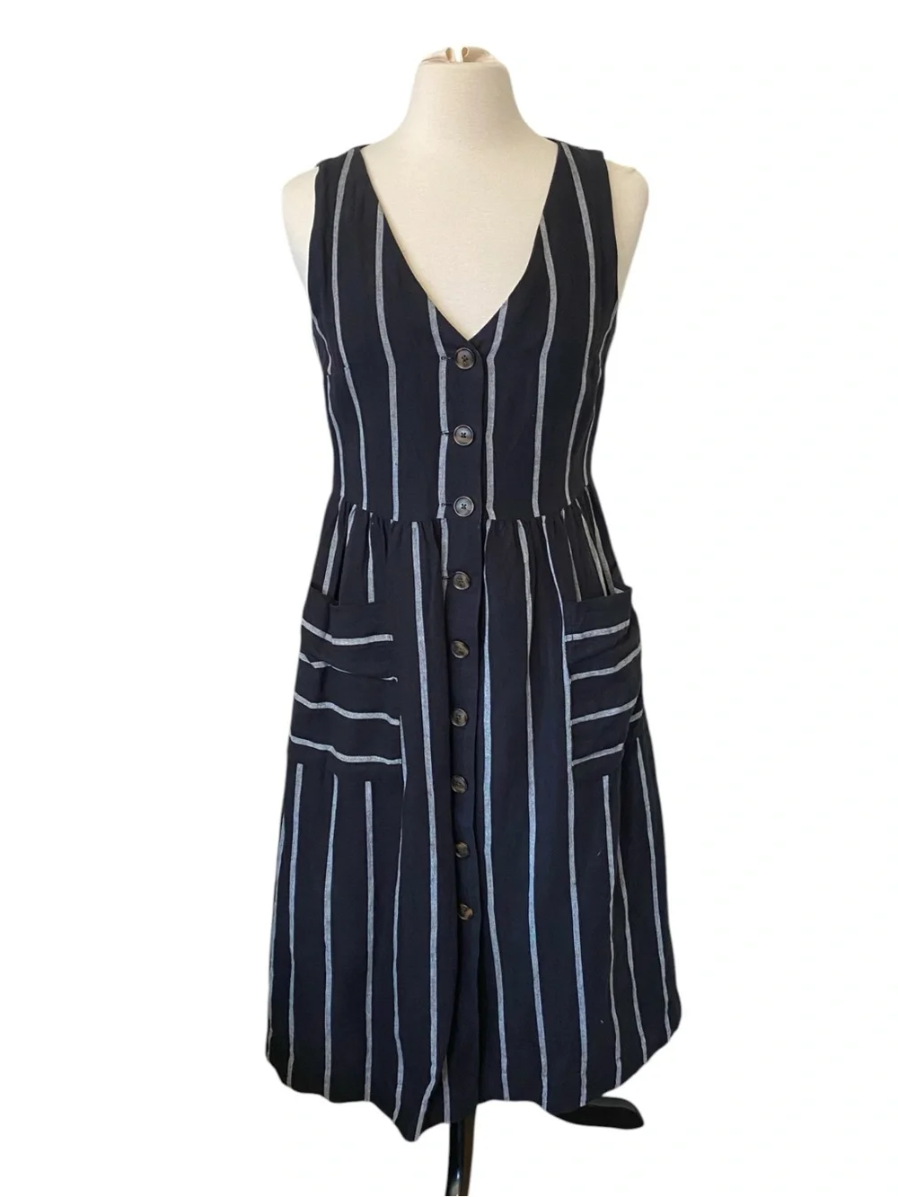 GAP Linen Cotton Striped Midi Dress Size 6 Button Front Pockets Black